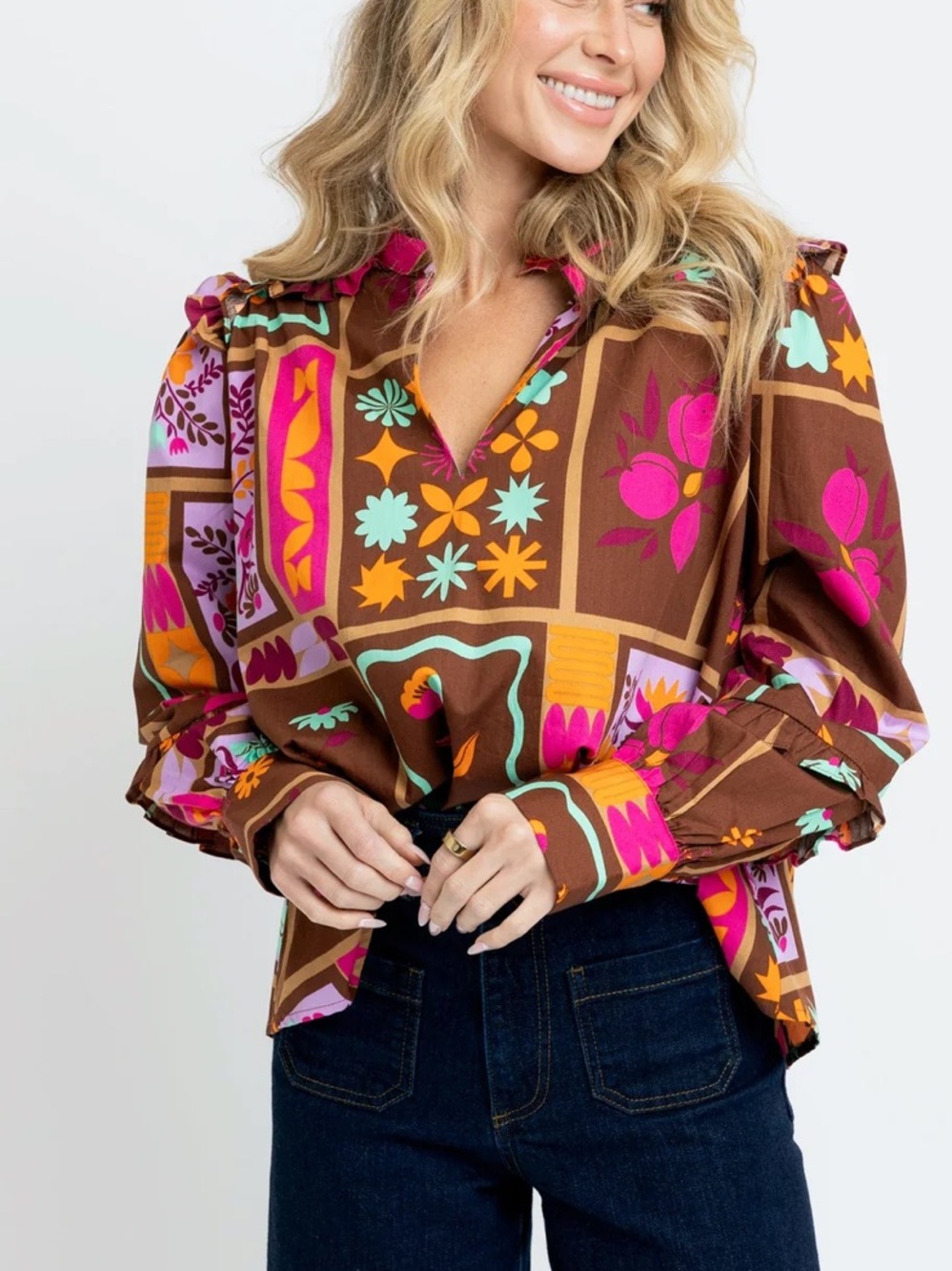 Karlie Floral Frame Vneck Ruffle Top L/S Medium NWT $112 Fall 100% Cotton